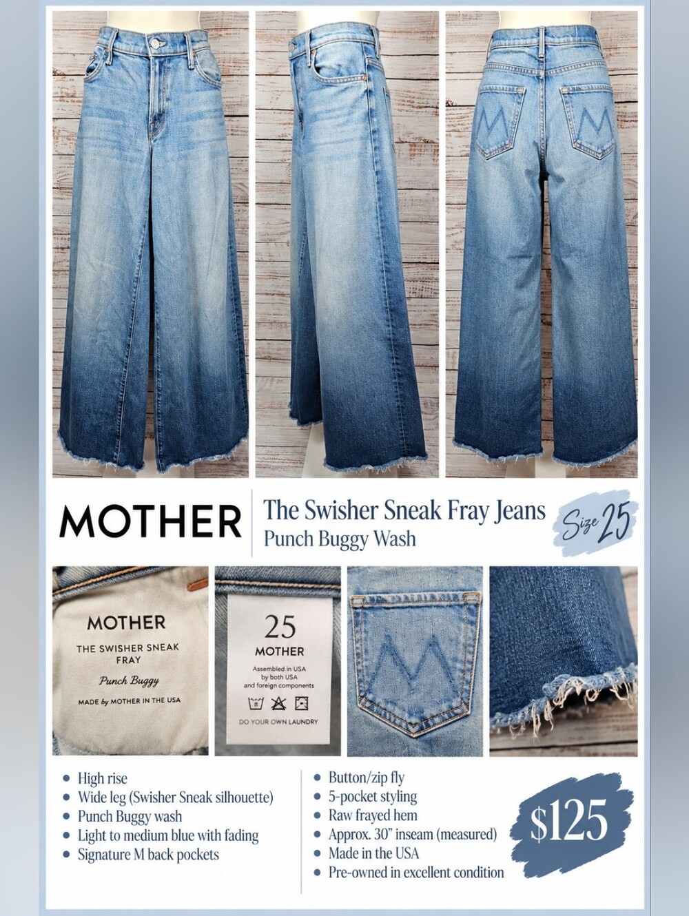 MOTHER The Swisher Sneak Fray High Rise Wide Leg Jeans 25 Punch Buggy